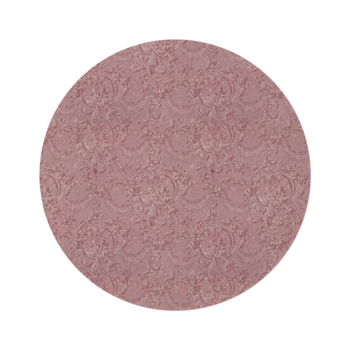 Rose Damask round nursery rug on a baby room floor