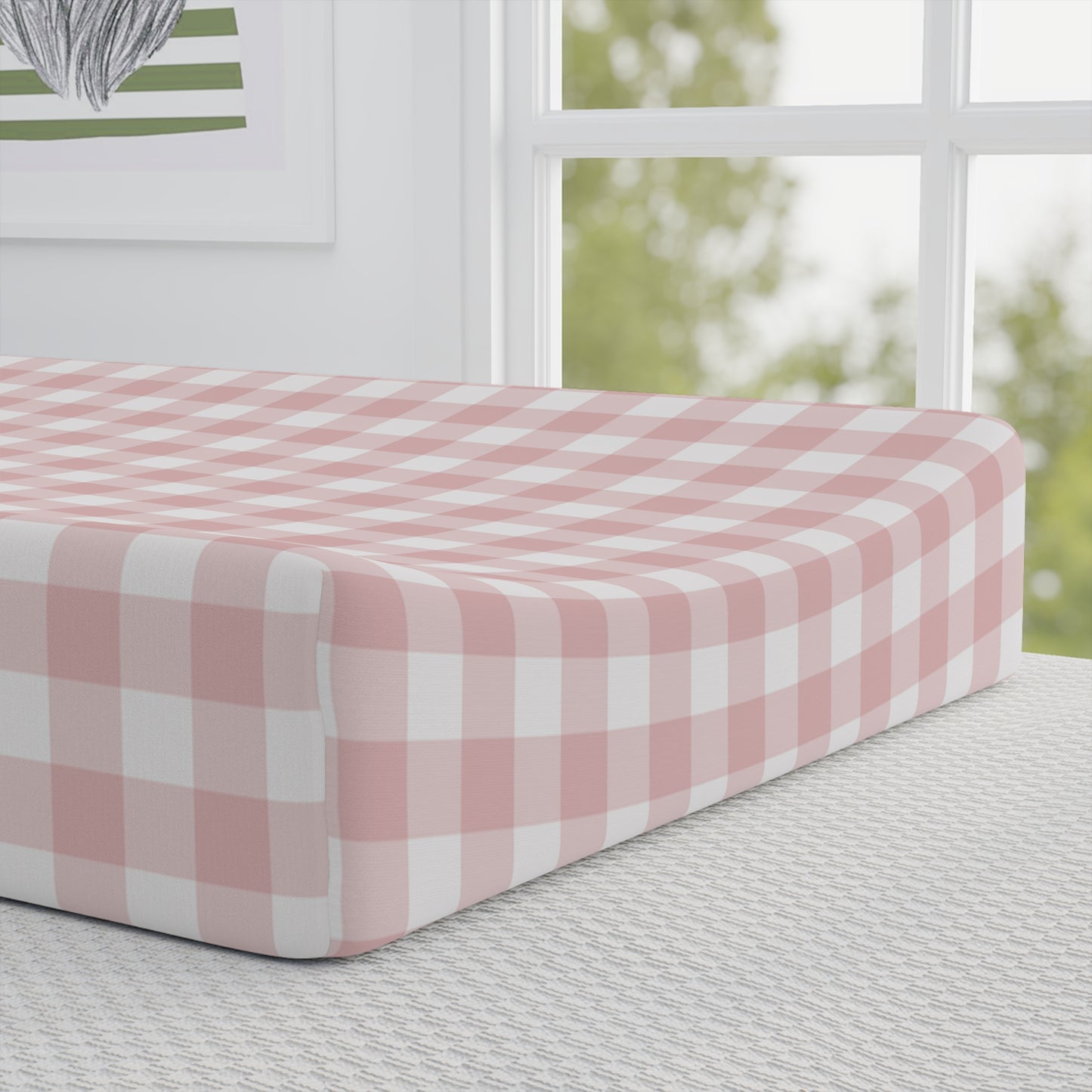 Rose Gingham pad cover matching the nursery crib sheet