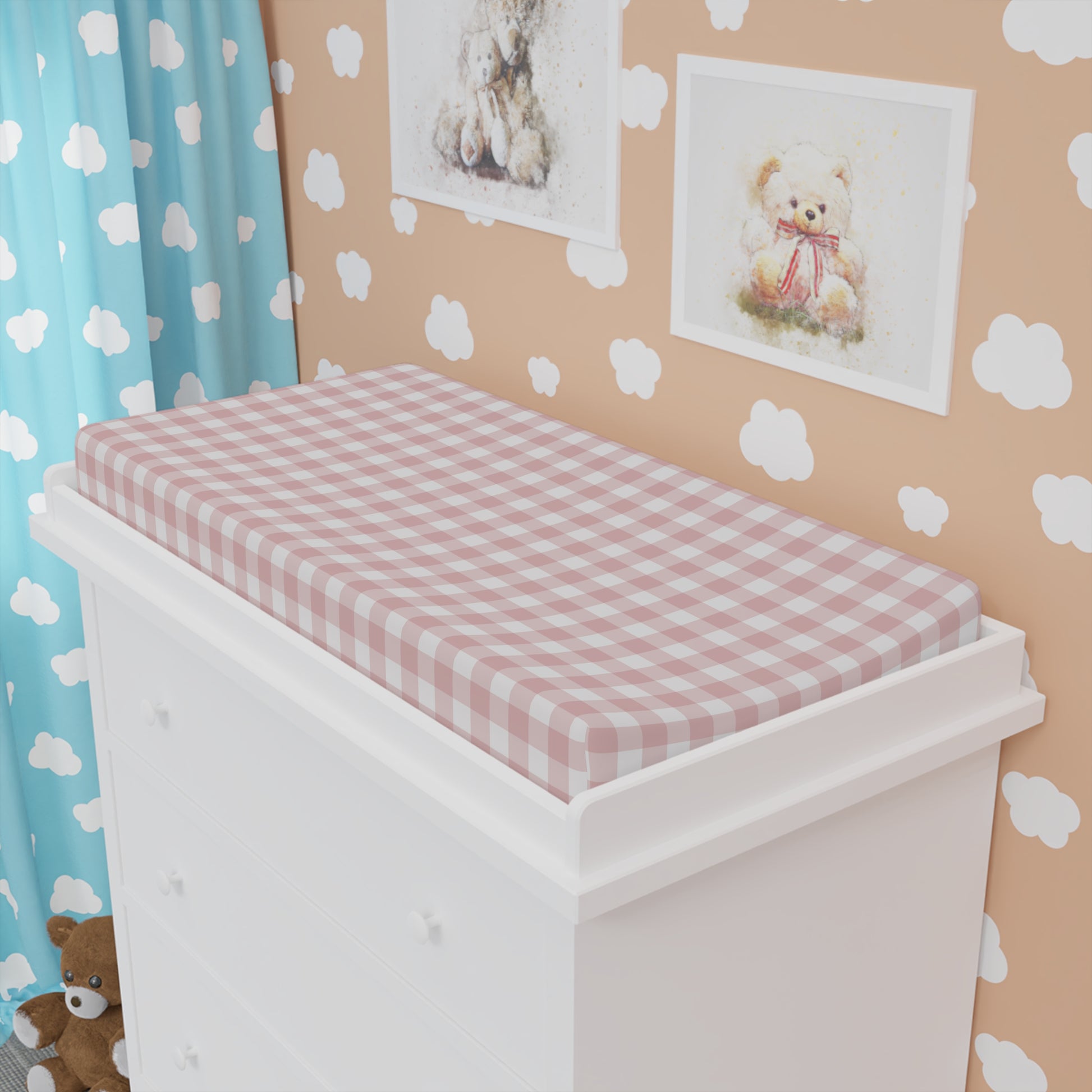 Close detail of the Rose Gingham check on the changing pad cover