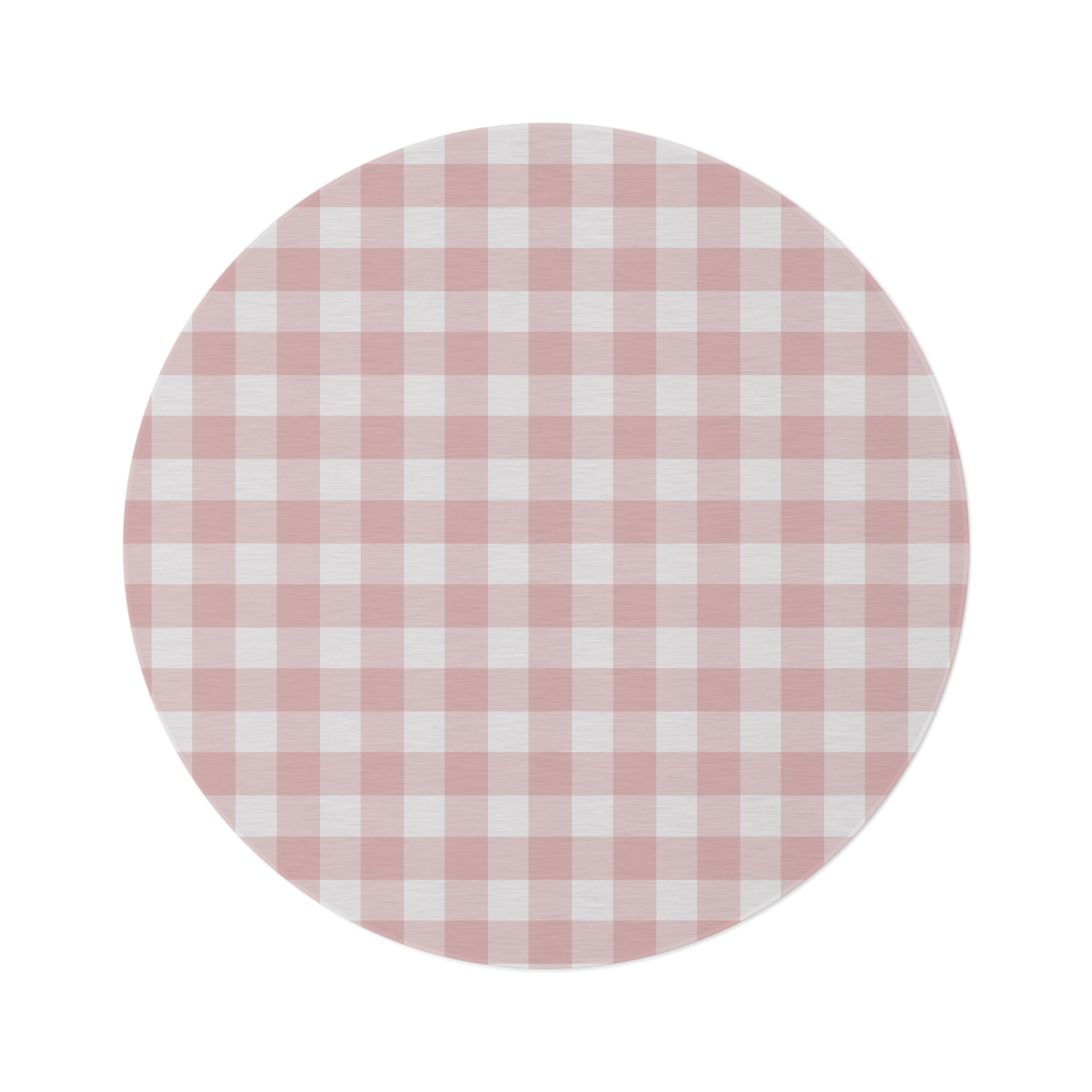 Rose Gingham round nursery rug on a baby room floor