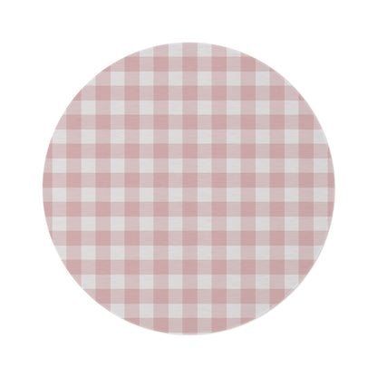 Rose Gingham round nursery rug on a baby room floor