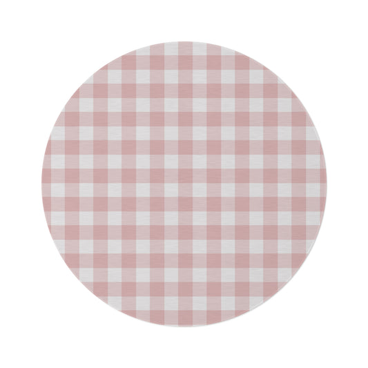 Rose Gingham round nursery rug on a baby room floor