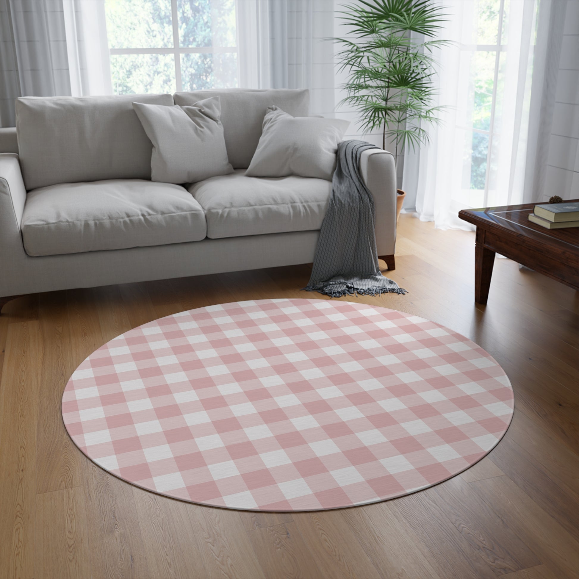 Close detail of the Rose Gingham check on the round rug