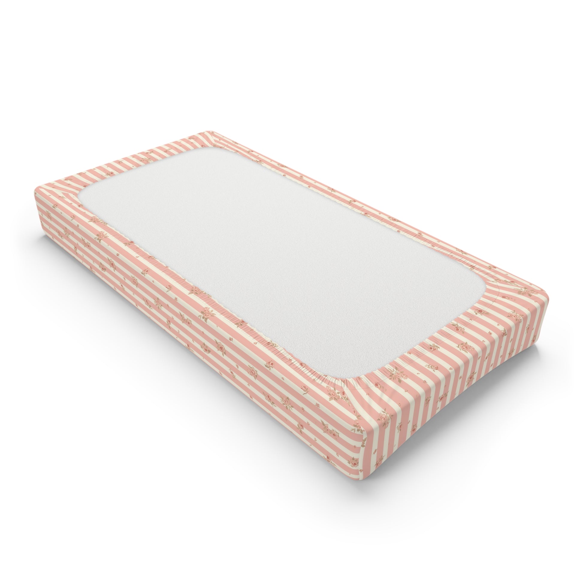 Changing pad cover with pink and cream stripes and roses