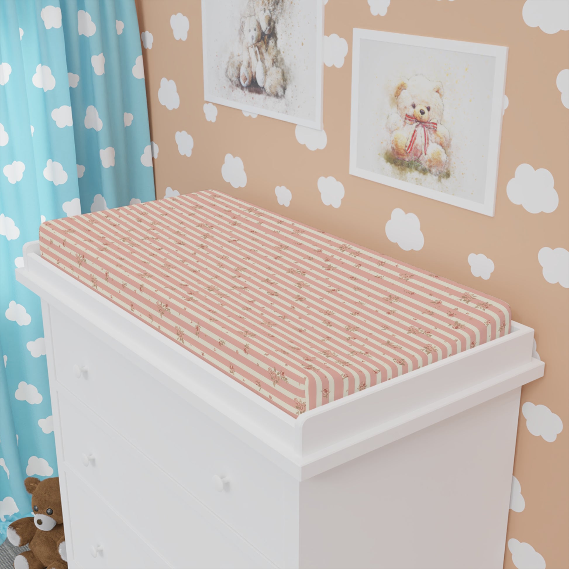 Rose Stripe changing pad cover fitted over a contoured pad