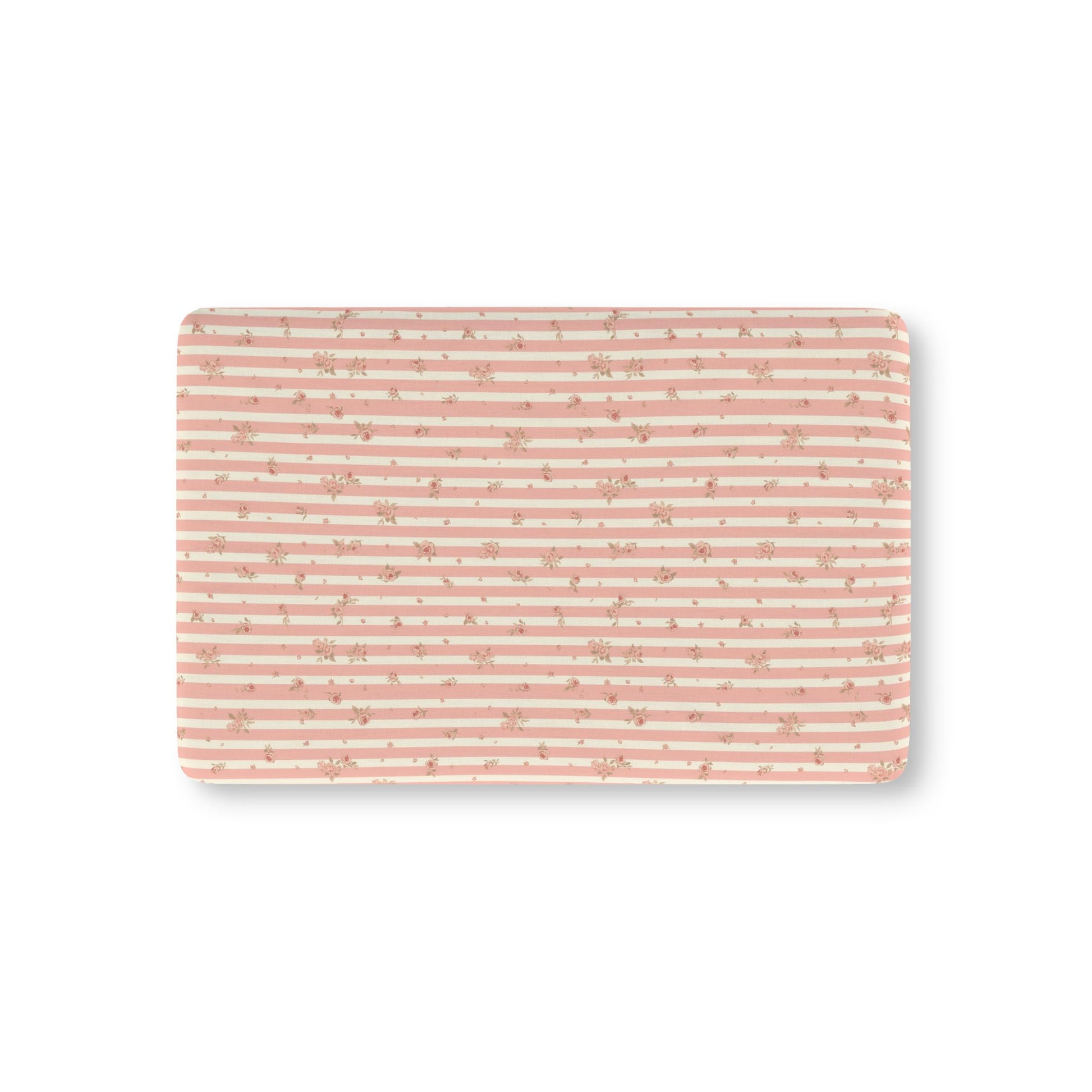 Rose Stripe fitted crib sheet on a nursery crib mattress