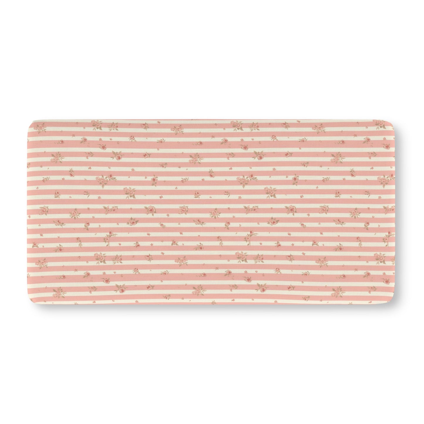 Fitted crib sheet with pink ticking stripes and small roses