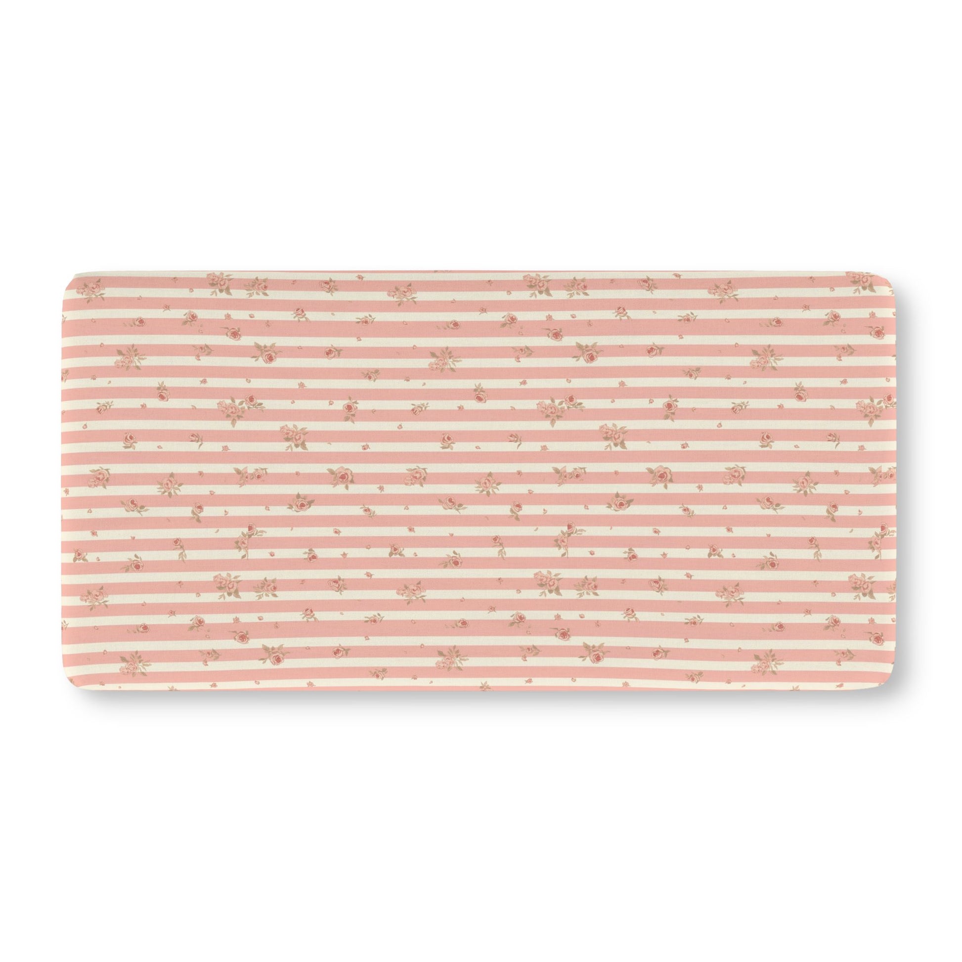 Fitted crib sheet with pink ticking stripes and small roses