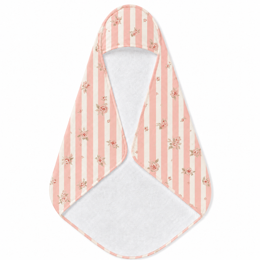 Rose Stripe hooded baby towel wrapped around a baby