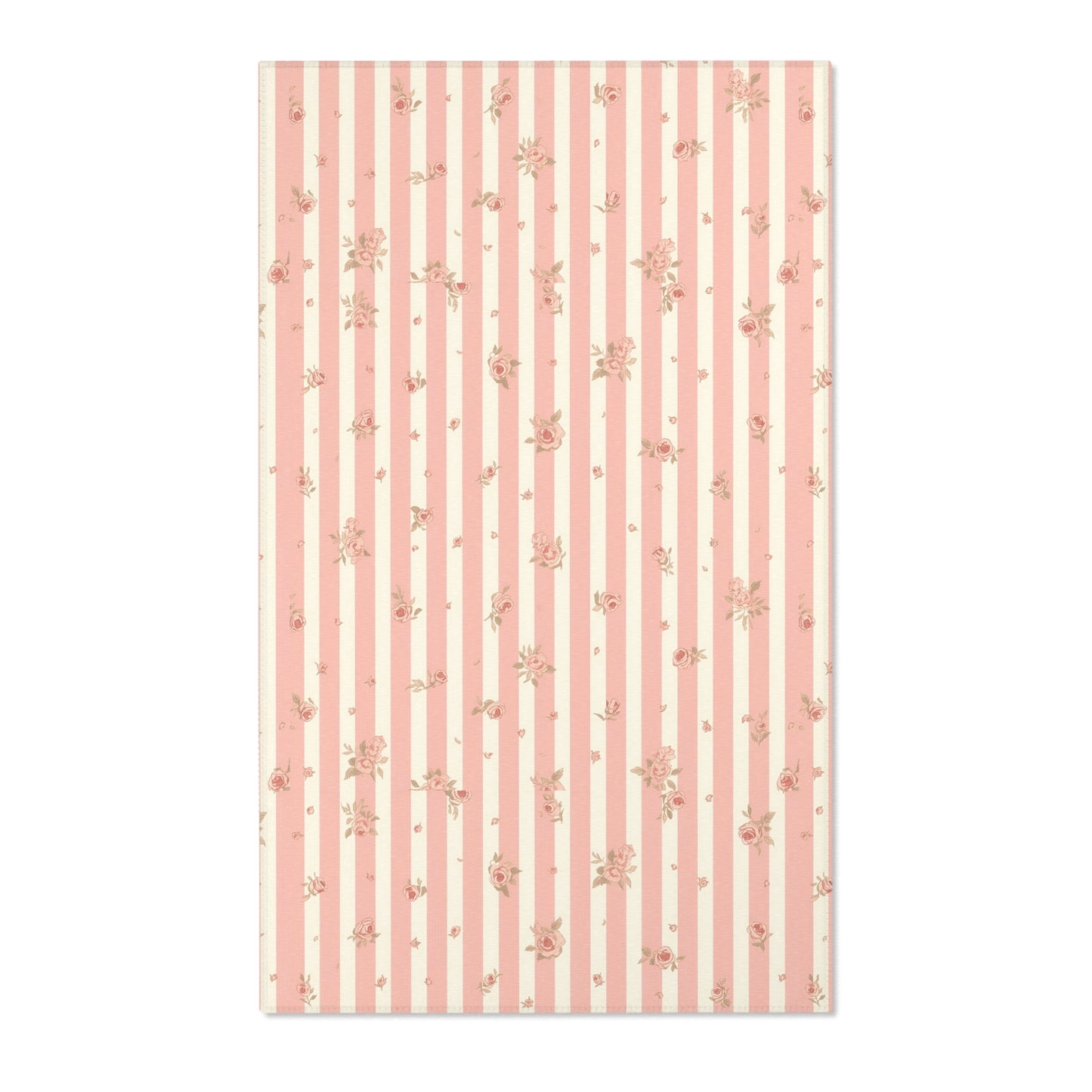 Pink ticking stripe nursery area rug with small roses