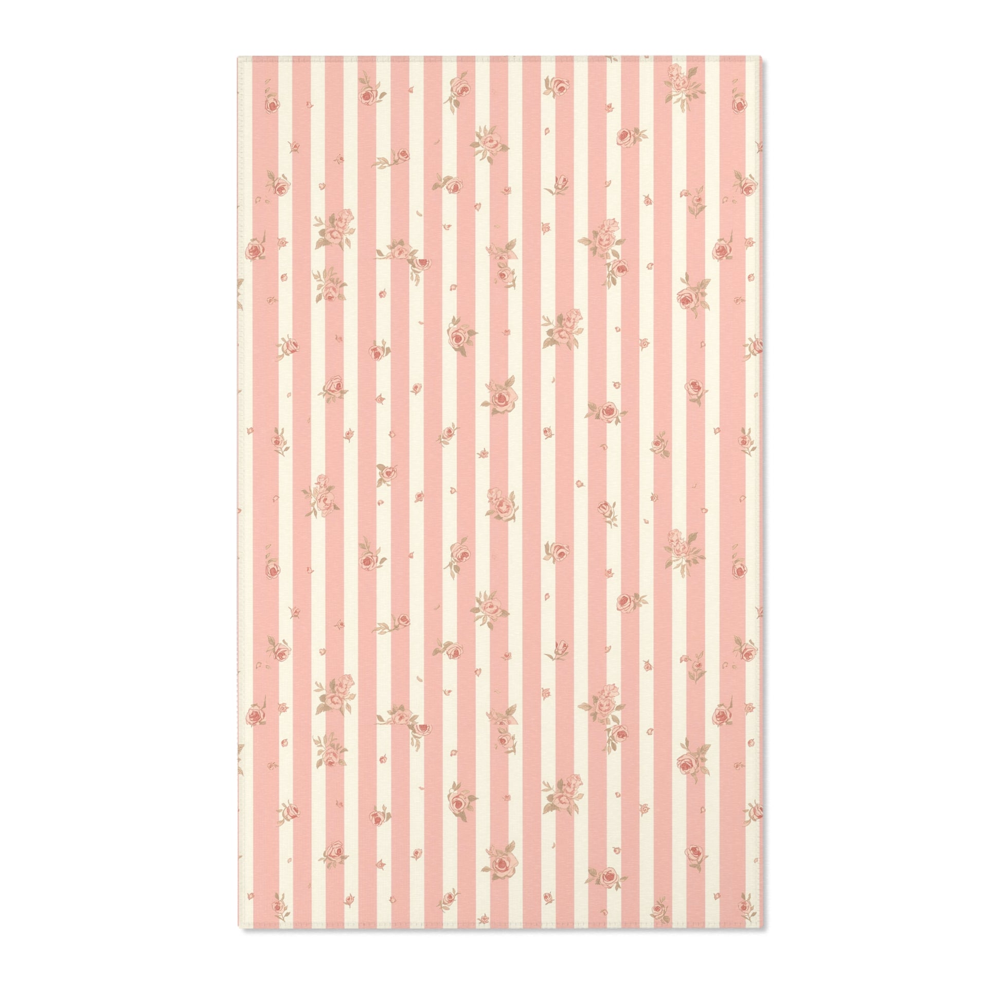 Pink ticking stripe nursery area rug with small roses