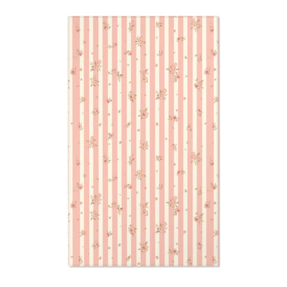 Pink ticking stripe nursery area rug with small roses