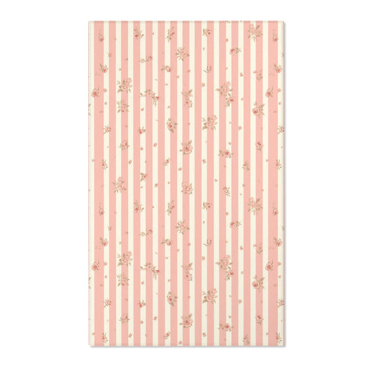 Pink ticking stripe nursery area rug with small roses