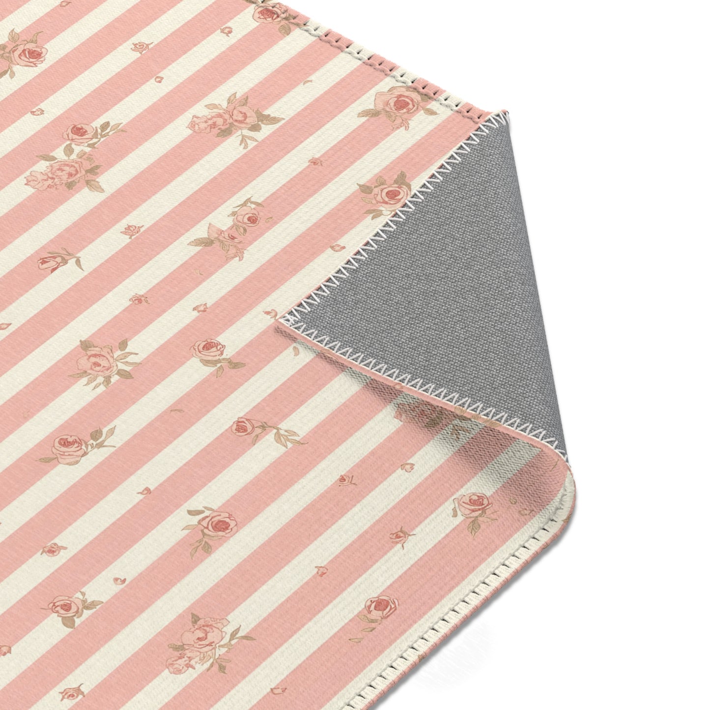 Nursery area rug printed edge to edge with striped roses