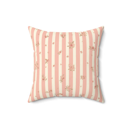 Faux suede nursery pillow in pink ticking stripes with roses