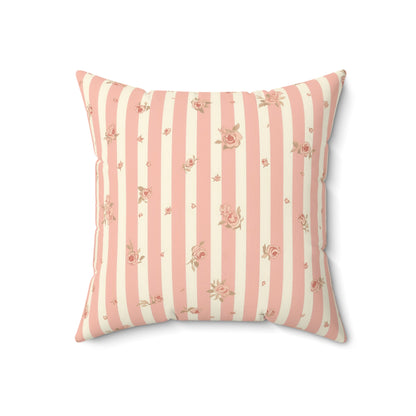 Close detail of the ticking stripe on the faux suede pillow