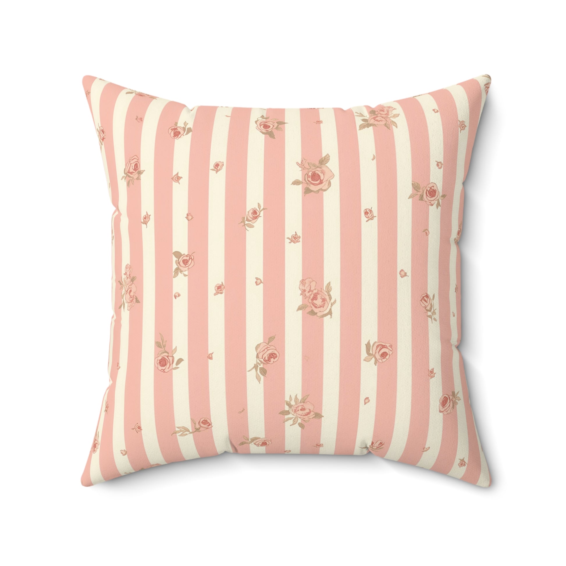 Faux suede pillow with pink stripes, roses and small buds