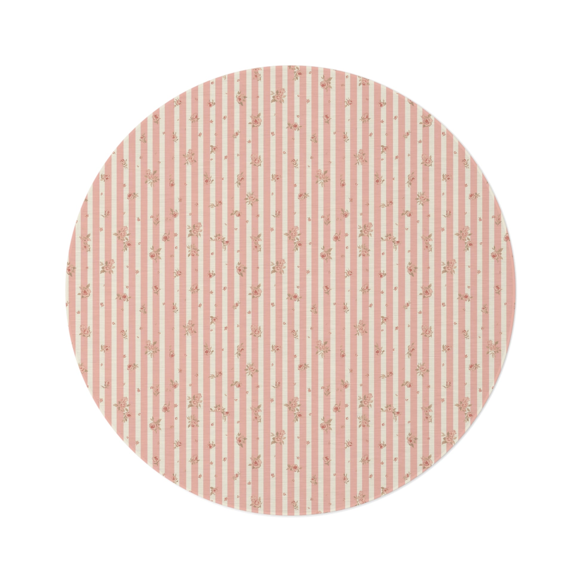 Rose Stripe round nursery rug on a baby room floor