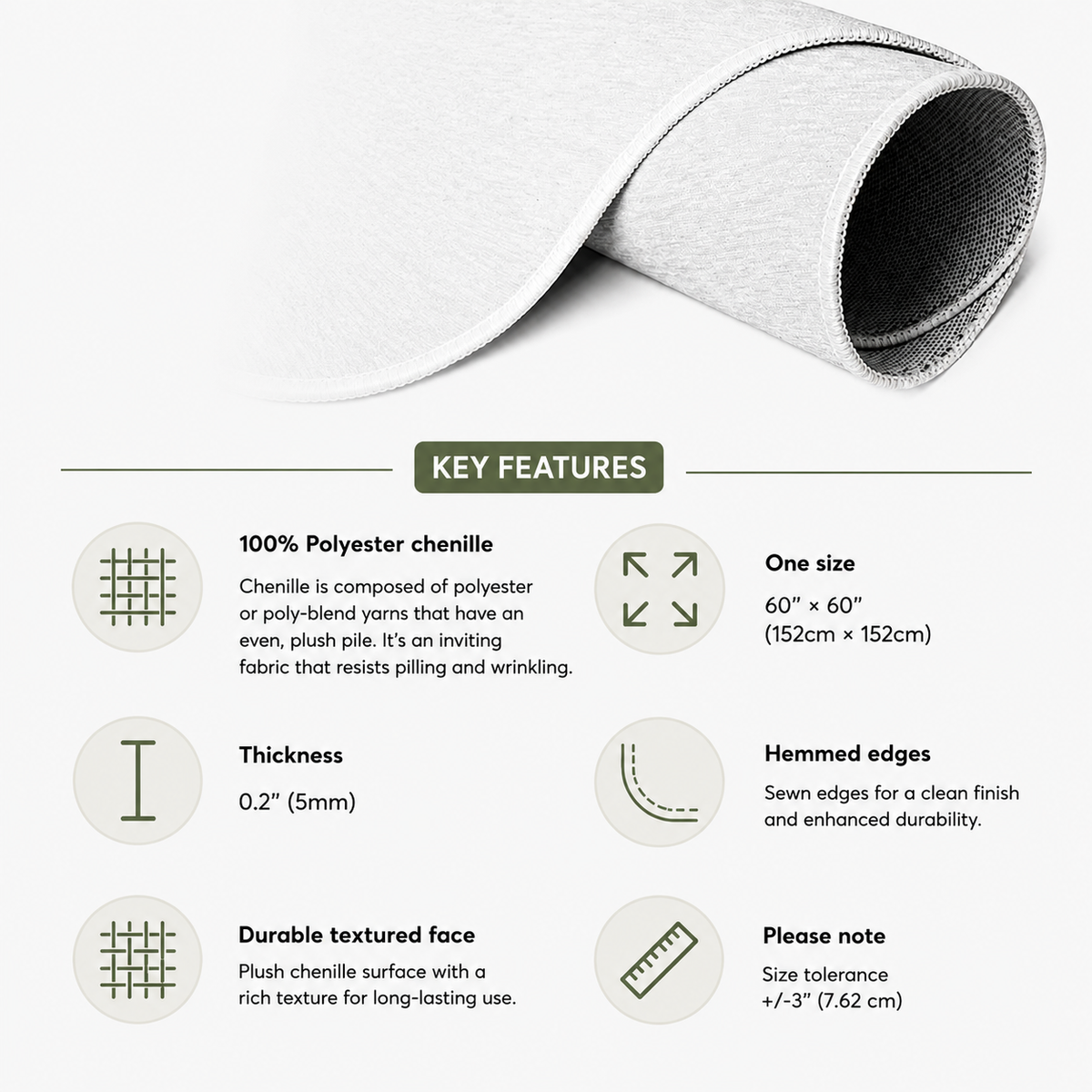 Key features of the chenille nursery rug: polyester chenille pile, hemmed edges, one size