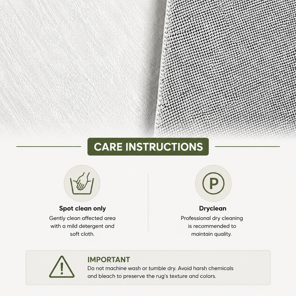 Care instructions for the nursery rug: spot clean or dry clean, do not machine wash