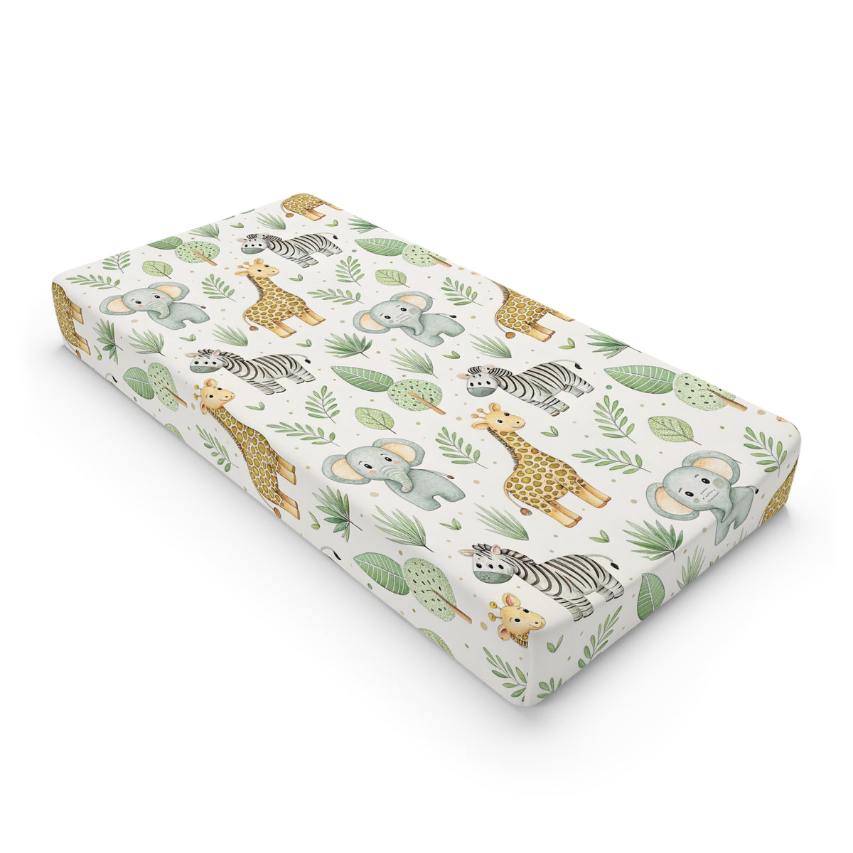 Safari animal changing pad cover on a nursery changing table