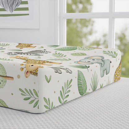 Close-up of the safari print on a nursery changing pad cover
