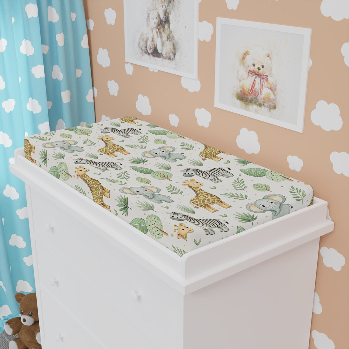 Safari changing pad cover styled in a gender neutral nursery