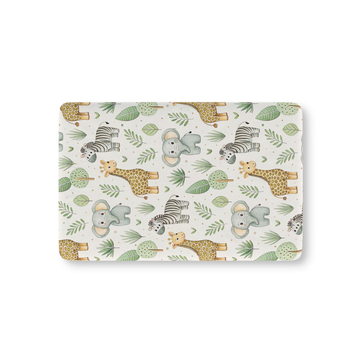 Safari animal fitted crib sheet on a nursery crib mattress