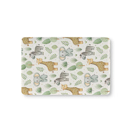Safari animal fitted crib sheet on a nursery crib mattress