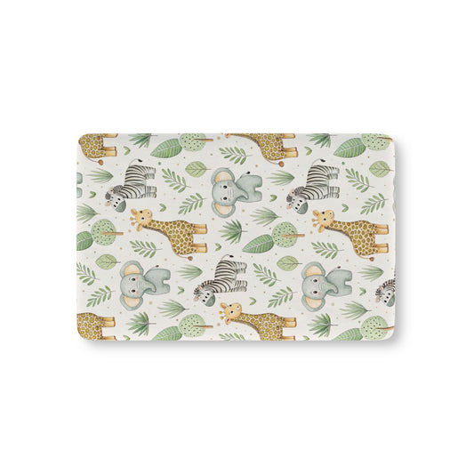 Safari animal fitted crib sheet on a nursery crib mattress