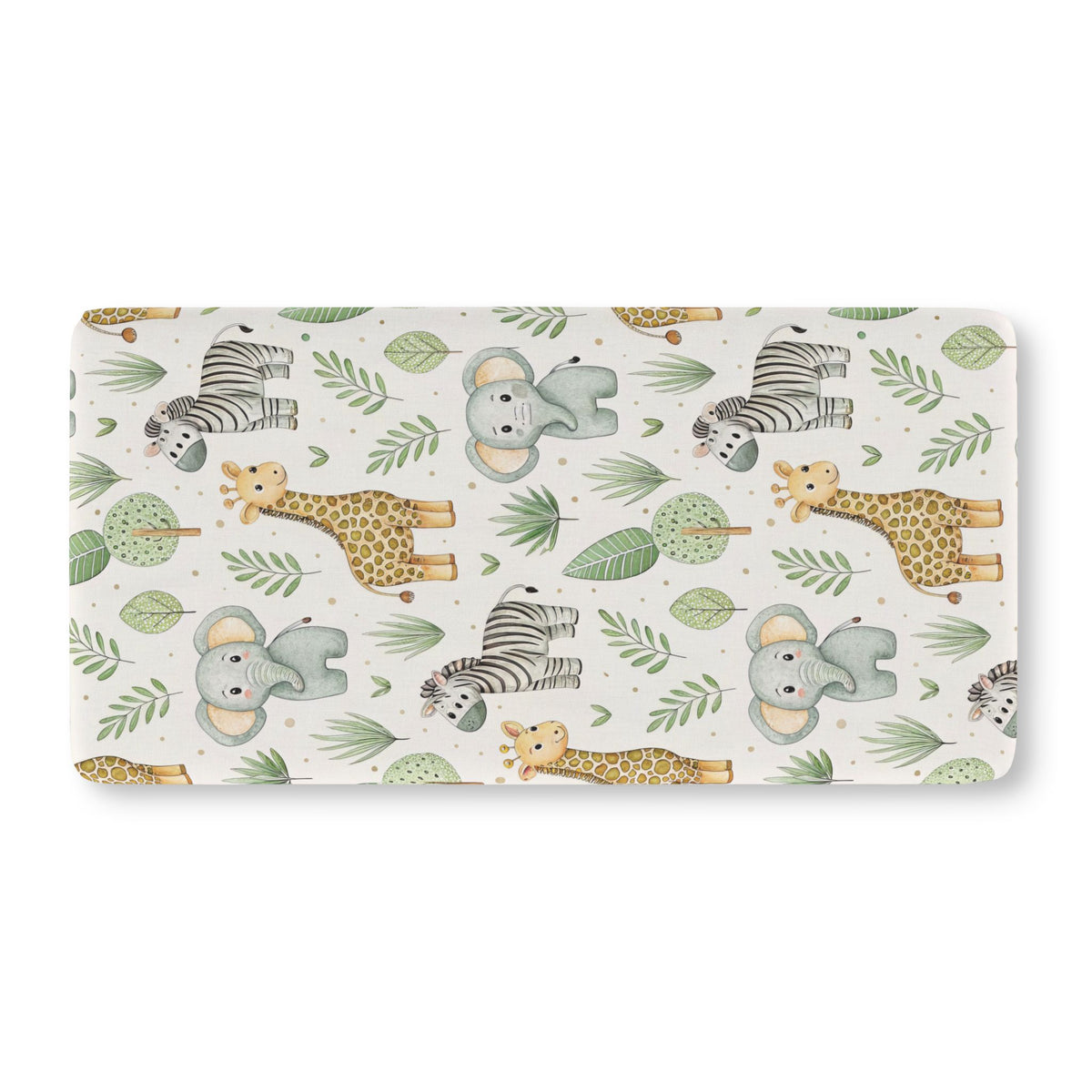 Watercolour safari crib sheet showing the fitted elasticated corner