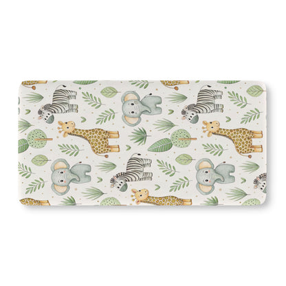 Watercolour safari crib sheet showing the fitted elasticated corner