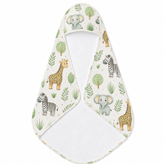Safari Animals hooded baby towel wrapped around a baby