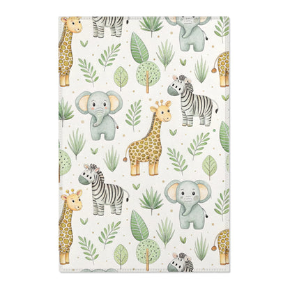 Safari animal nursery area rug in a gender neutral baby room
