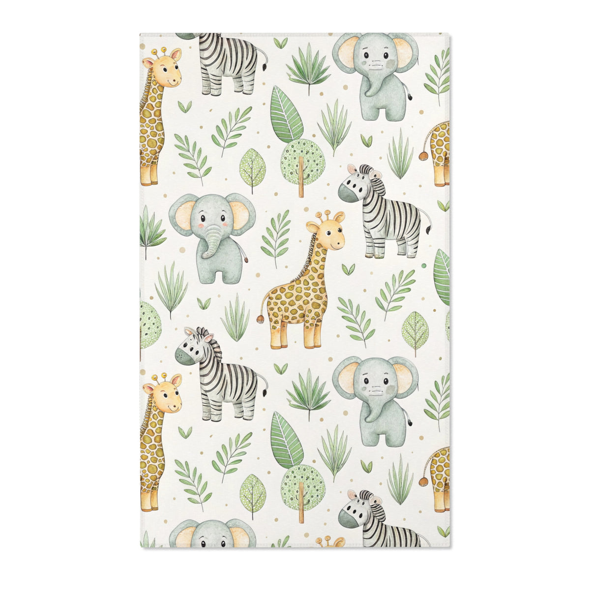 Rectangular watercolour safari nursery rug shown from above