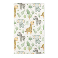 Rectangular watercolour safari nursery rug shown from above