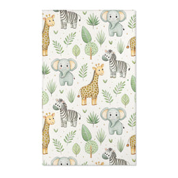 Rectangular watercolour safari nursery rug shown from above