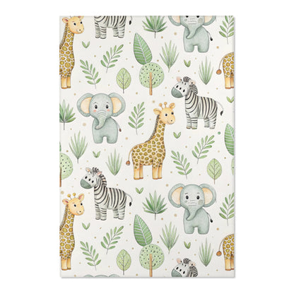 Close-up of the watercolour safari print on a nursery rug