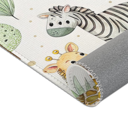 Safari print baby room rug in a styled nursery