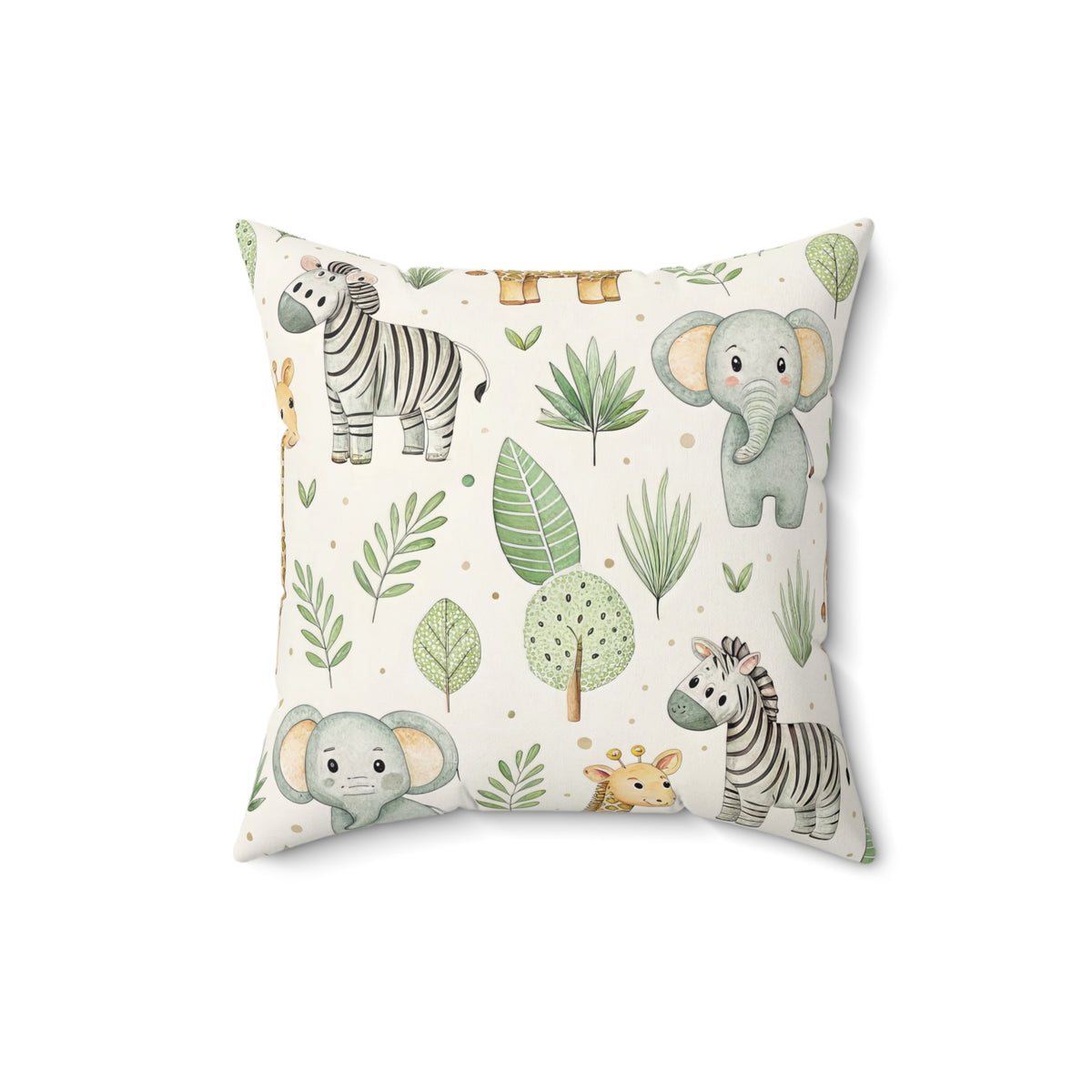 Safari animal cushion shown against a neutral nursery wall