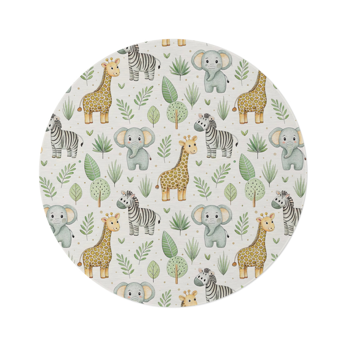Safari animal round nursery rug on a baby room floor
