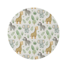 Safari animal round nursery rug on a baby room floor