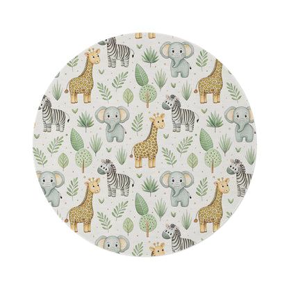 Safari animal round nursery rug on a baby room floor