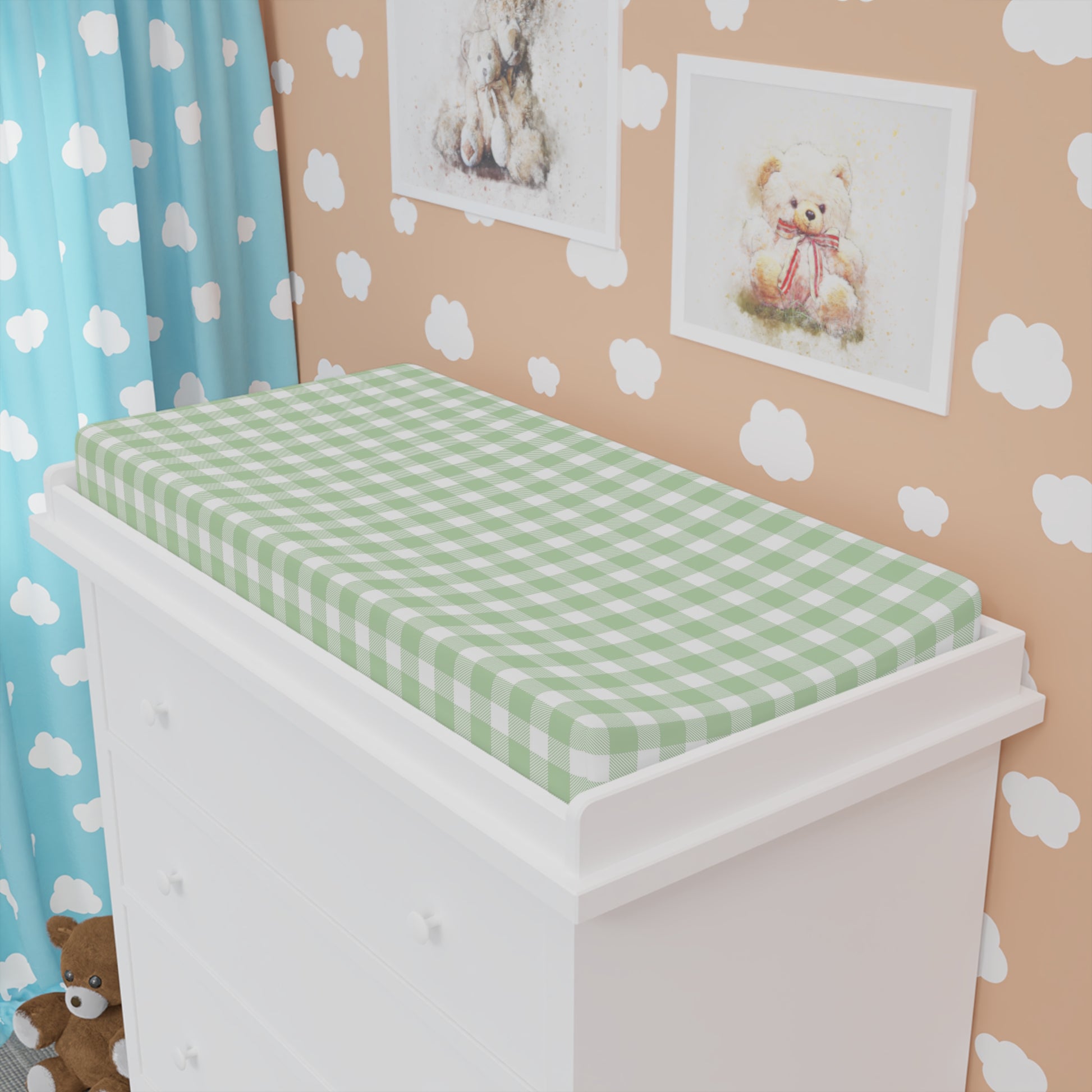 Close detail of the Sage Gingham check on the changing pad cover