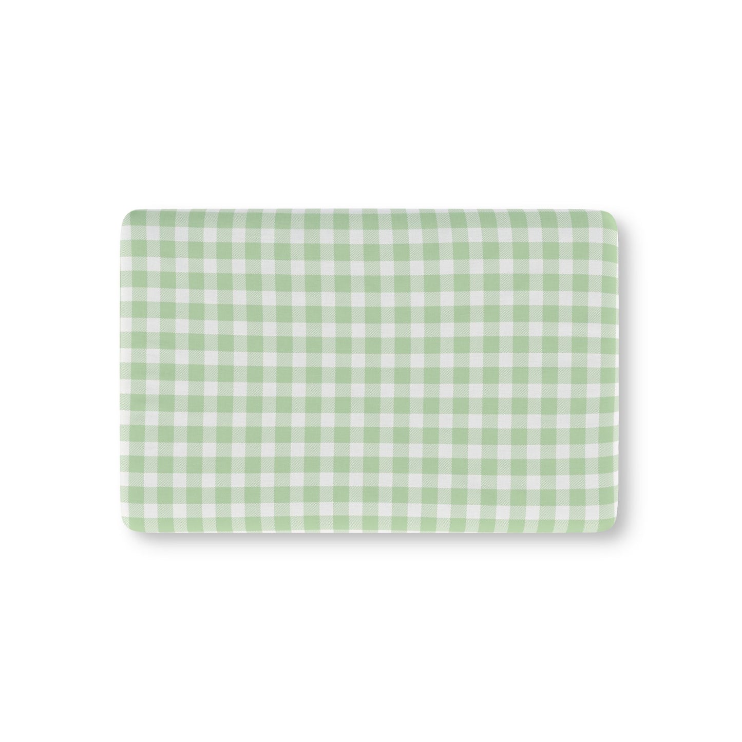 Sage Gingham fitted crib sheet on a nursery crib mattress