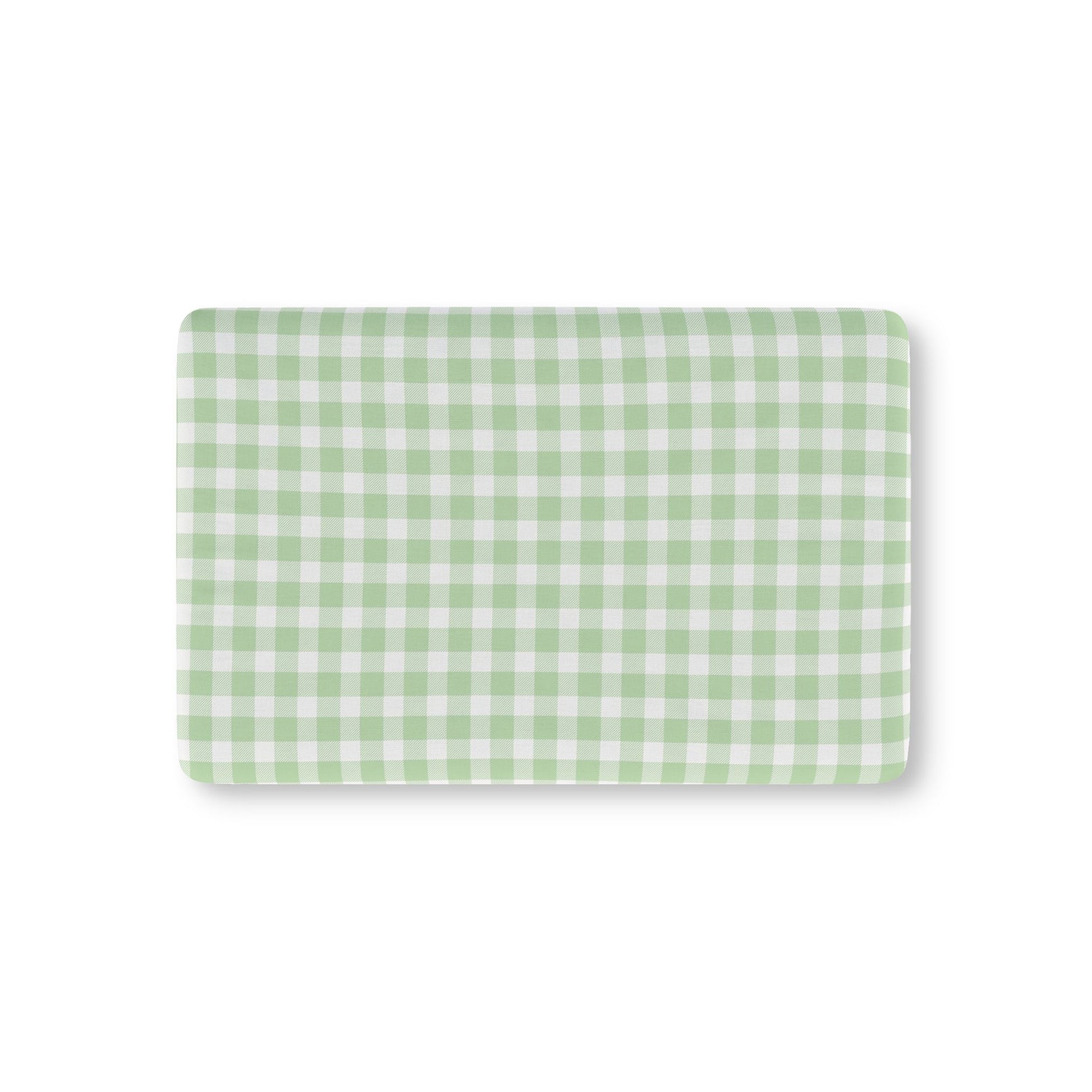 Sage Gingham fitted crib sheet on a nursery crib mattress