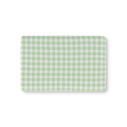 Sage Gingham fitted crib sheet on a nursery crib mattress