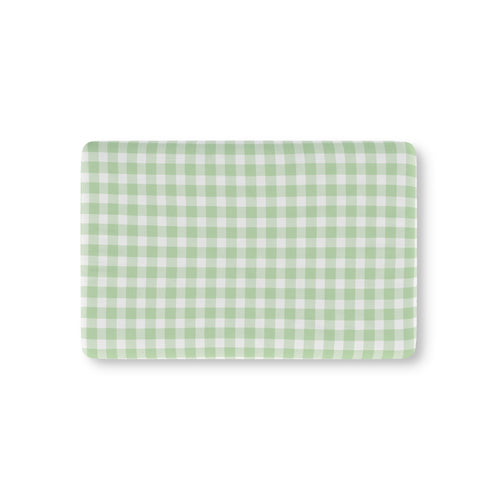 Sage Gingham fitted crib sheet on a nursery crib mattress
