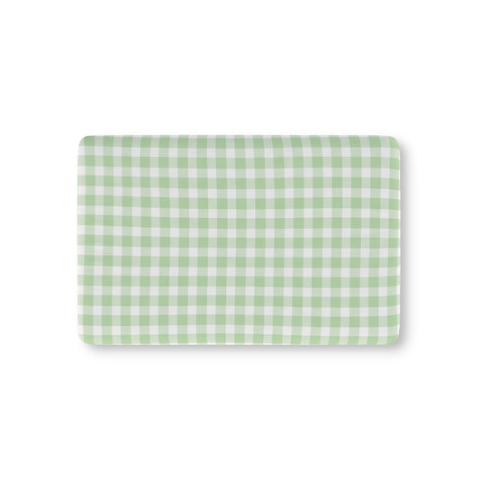 Sage Gingham fitted crib sheet on a nursery crib mattress