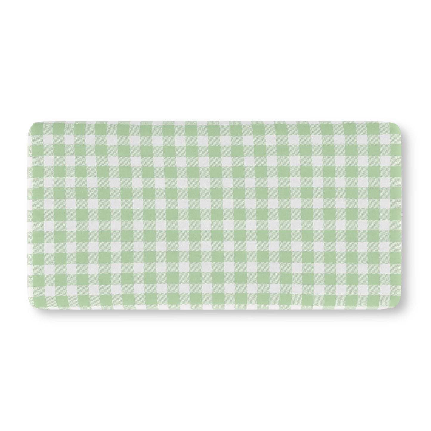 Green gingham crib sheet on a standard crib mattress